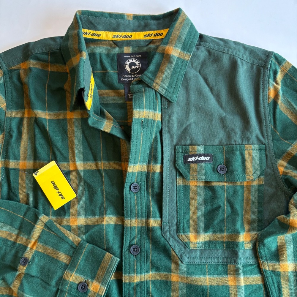 Ski-Doo Men's Small Green Plaid Flannel Button Down Shirt Elbow Patch Cotton NEW